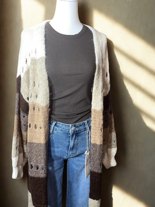 Long Strick Cardigan mit Lochmuster