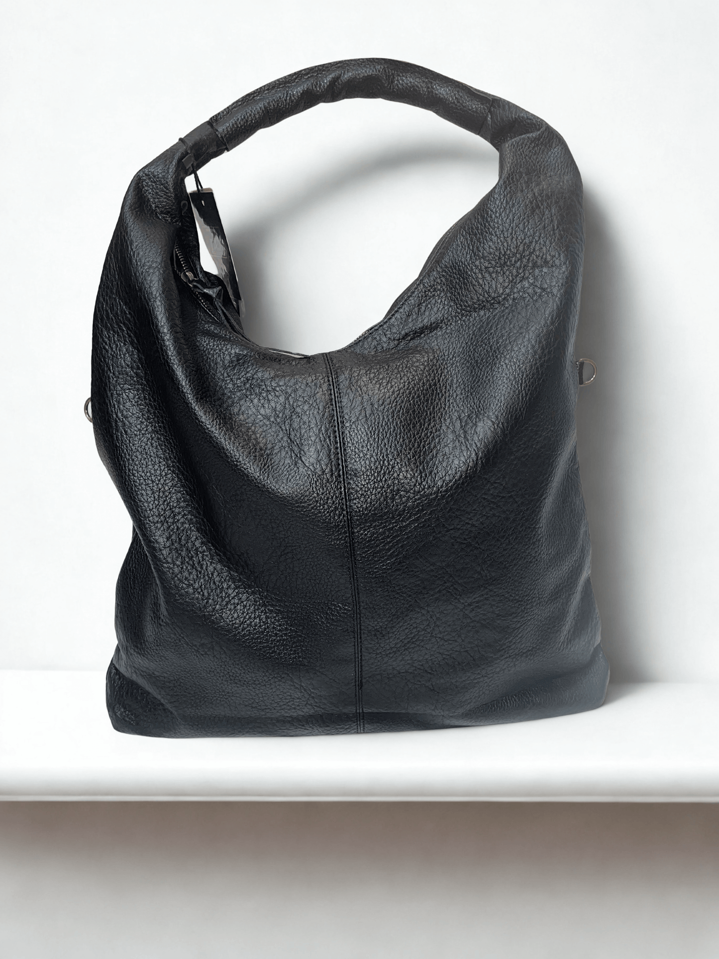 Beuteltasche Damen Schwarz | Kunstleder Handtasche mit Reißverschluss