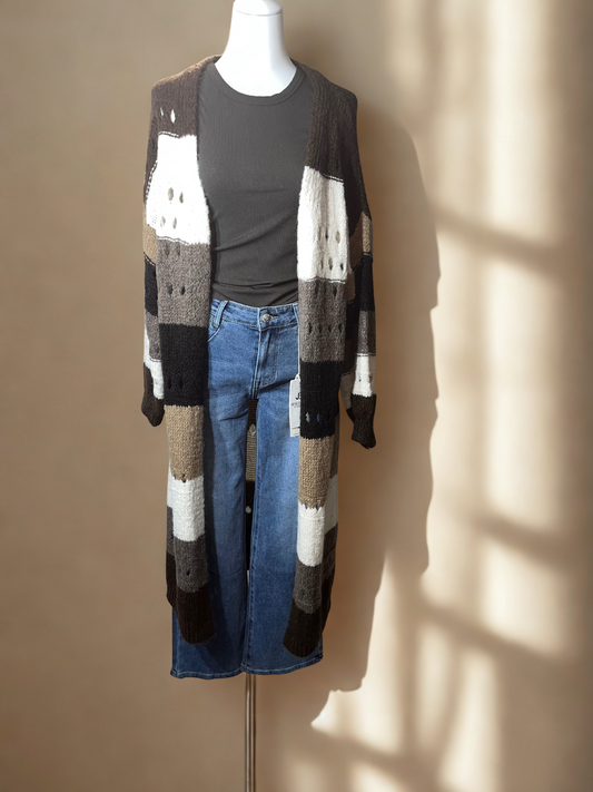 Long Strick Cardigan mit Lochmuster
