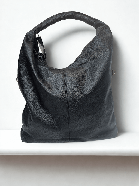 Beuteltasche Damen Schwarz | Kunstleder Handtasche mit Reißverschluss